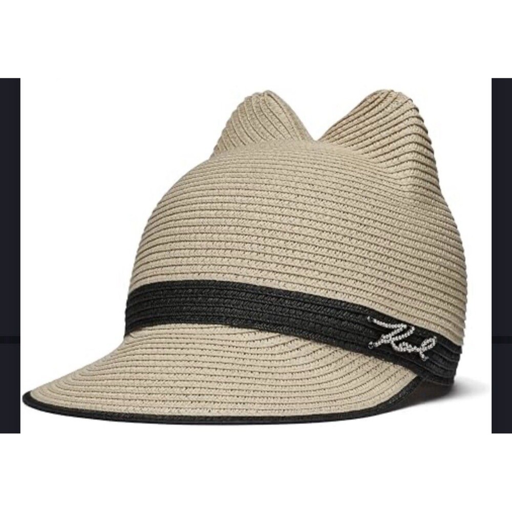 Karl Lagerfeld Paris Choupette Cat Ear Straw Hat Rhinestone Logo NEW WITH TAGS
